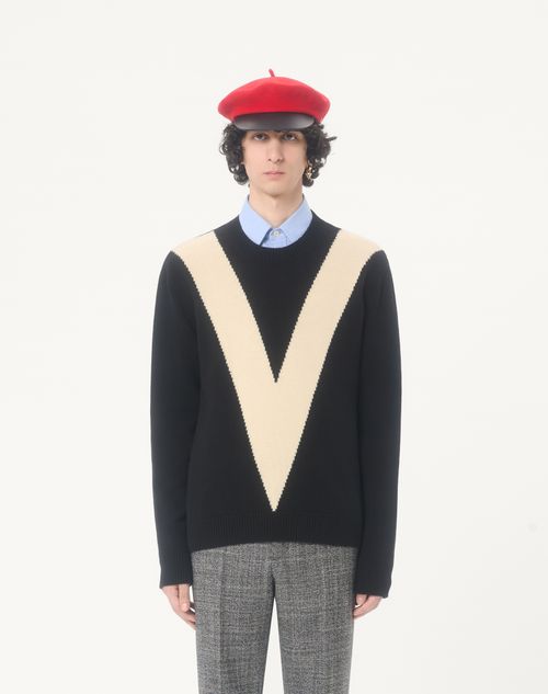 Valentino - インレイv ウール ニットプル - ブラック/バター - メンズ - ニット